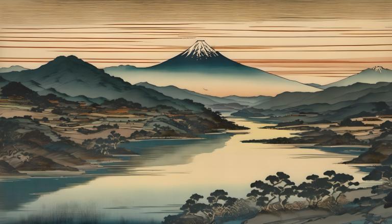 Ukiyo-E,Ukiyo-E, Natura, paesaggio, nessun essere umano, montagna, scenario, all'aperto, cielo, lago