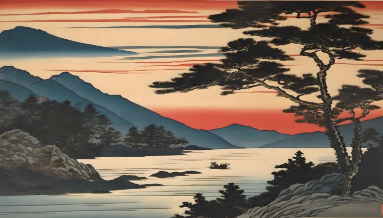 Ukiyo-E,Ukiyo-E, Nature, paysage, pas d'humains, arbre, paysage, montagne, en plein air, ciel, lac