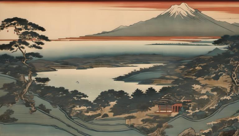 Ukiyo-E,Ukiyo-E, Natur, Landschaft, Landschaft, keine Menschen, Berg, Baum, draußen, Sonnenuntergang