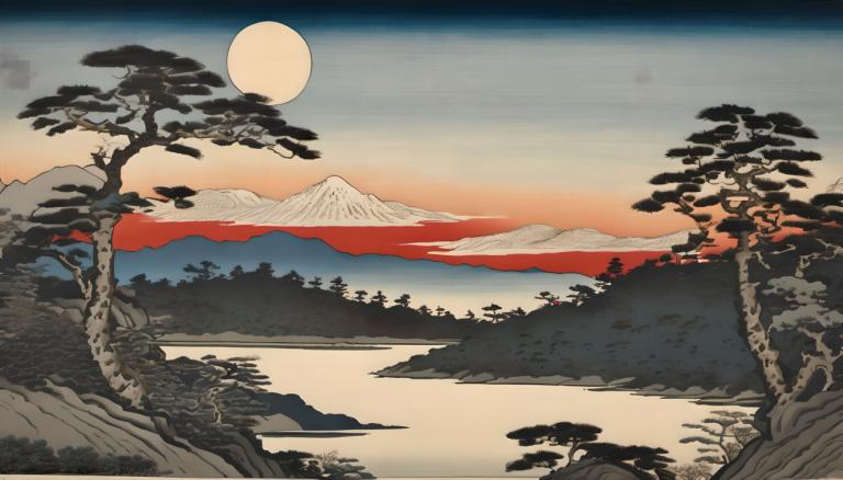 Ukiyo-E,Ukiyo-E, Natur, landskap, ingen mennesker, tre, natur, fjell, utendørs, himmel, natur, sol, Sky