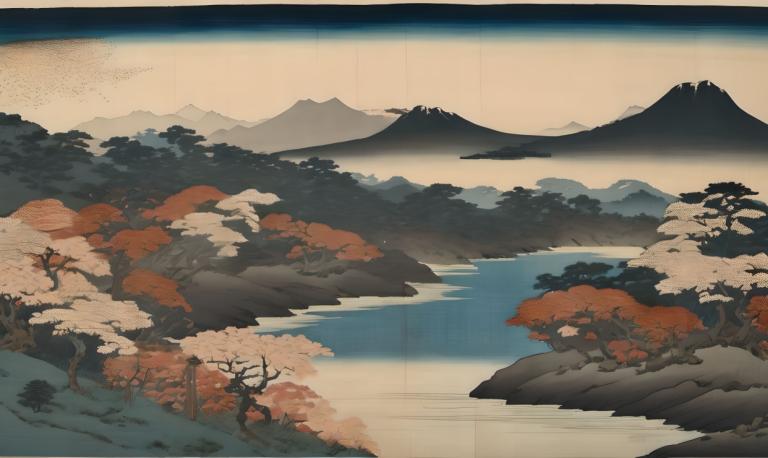 Ukiyo-E,Ukiyo-E, Nature, landscape, no humans, scenery, tree, outdoors, mountain, lake, water, landscape