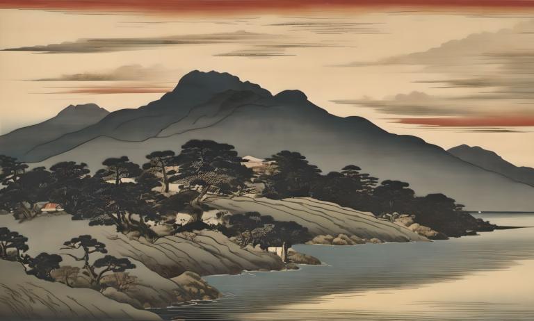 Ukiyo-E,Ukiyo-E, Natur, Landschaft, keine Menschen, Landschaft, Berg, draußen, Fluss, Baum, Himmel