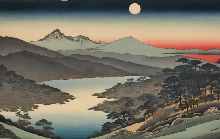 Ukiyo-E,Ukiyo-E, Nature, landscape, no humans, scenery, mountain, tree, moon, outdoors, sky, landscape, lake