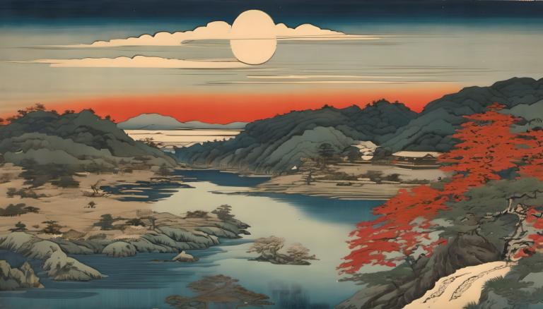 Ukiyo-E,Ukiyo-E, Natur, Landschaft, keine Menschen, Landschaft, Himmel, draußen, Wolke, Berg, Mond