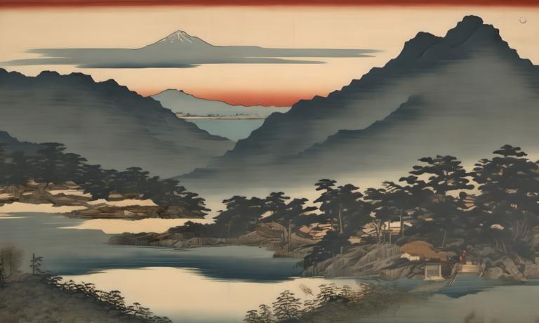 Ukiyo-E,Ukiyo-E, Nature, landscape, scenery, mountain, tree, outdoors, nature, forest, landscape, sunset, sky