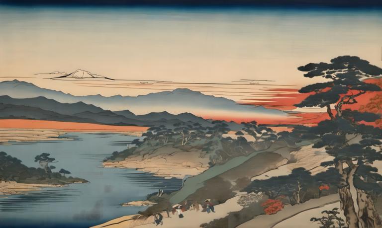 Ukiyo-E,Ukiyo-E, Natur, landskap, tre, natur, utendørs, fjell, landskap, himmel, innsjø, solnedgang, elv, vann