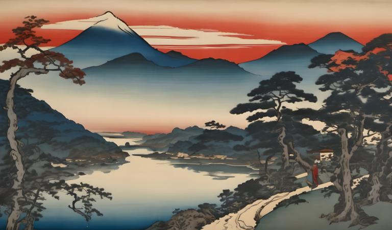 Ukiyo-E,Ukiyo-E, Natur, landskap, tre, natur, fjell, utendørs, solo, landskap, himmel, 1 jente, solnedgang