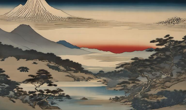 Ukiyo-E,Ukiyo-E, Nature, landscape, no humans, mountain, scenery, tree, outdoors, sky, landscape, lake