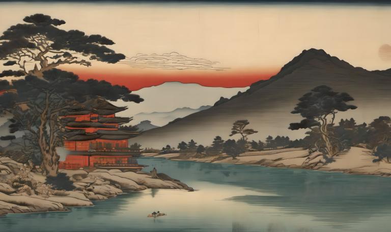 Ukiyo-E,Ukiyo-E, Nature, landscape, tree, scenery, no humans, mountain, outdoors, water