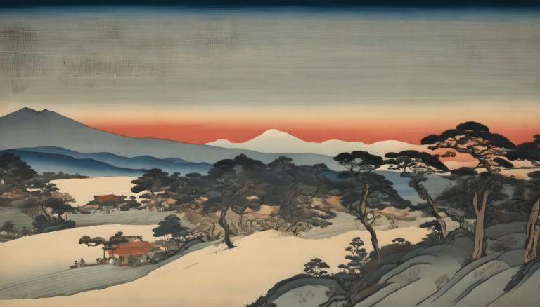 Ukiyo-E,Ukiyo-E, Nature, landscape, scenery, tree, no humans, outdoors, mountain, sky, landscape, sunset