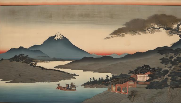 Ukiyo-E,Ukiyo-E, Natur, landskap, fjäll, landskap, träd, utomhus, vattenskotrar, båt, flod, vatten, himmel