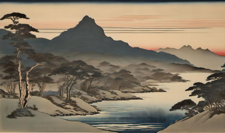 Ukiyo-E,Ukiyo-E, Nature, landscape, no humans, scenery, tree, outdoors, mountain, sky, sunset, bare tree