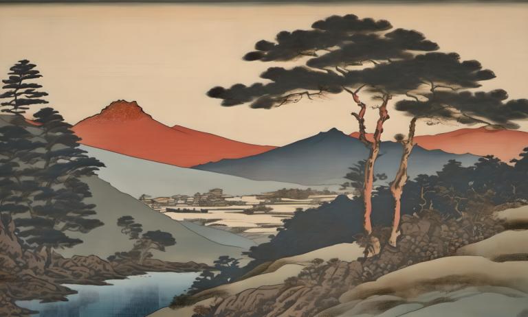 Ukiyo-E,Ukiyo-E, Nature, landscape, no humans, scenery, tree, outdoors, mountain, sky, cloud, landscape