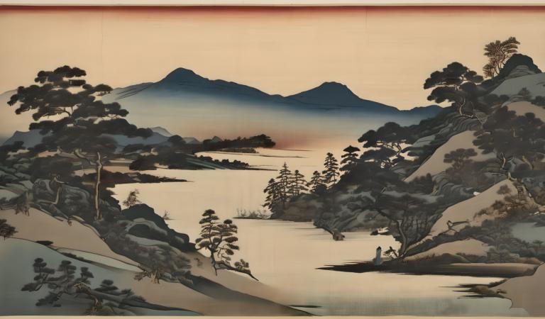 Ukiyo-E,Ukiyo-E, Nature, landscape, tree, scenery, mountain, outdoors, lake, sky, nature, landscape, river