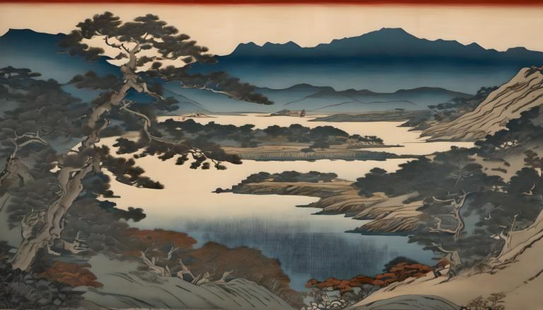 Ukiyo-E,Ukiyo-E, Natur, Landschaft, Baum, Landschaft, keine Menschen, Berg, draußen, See, Natur, Wasser