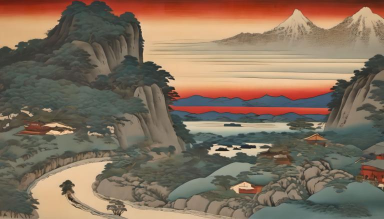 Ukiyo-E,Ukiyo-E, Nature, landscape, mountain, no humans, scenery, landscape, tree, outdoors, sunset, river