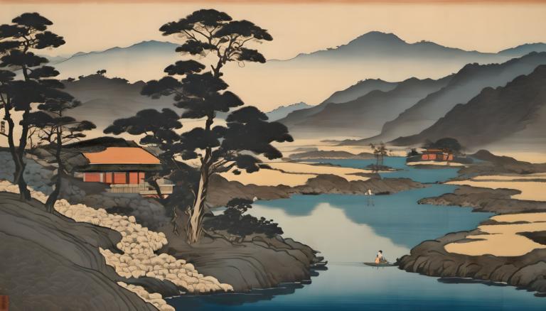 Ukiyo-E,Ukiyo-E, Natura, paesaggio, albero, scenario, all'aperto, montagna, acqua, cielo, fiume, lago