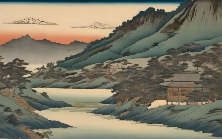 Ukiyo-E,Ukiyo-E, Natur, Landschaft, keine Menschen, Landschaft, Baum, Berg, draußen, Himmel, Wolke