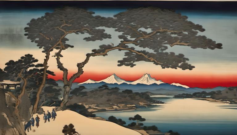 Ukiyo-E,Ukiyo-E, Φύση, τοπίο, δέντρο, τοπίο, σε εξωτερικό χώρο, βουνό, πολλά αγόρια, η δυση του ηλιου, ουρανός