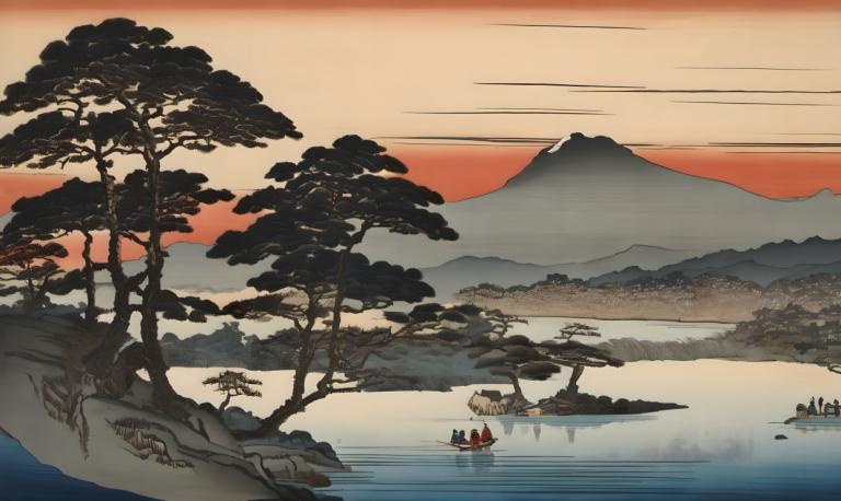 Ukiyo-E,Ukiyo-E, Nature, landscape, tree, scenery, mountain, outdoors, water, lake, sunset, watercraft, boat