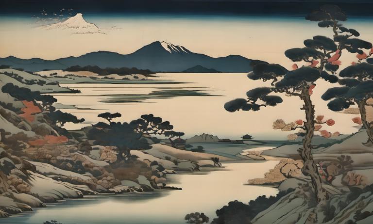 Ukiyo-E,Ukiyo-E, Nature, landscape, no humans, tree, scenery, outdoors, mountain, sky, lake, landscape