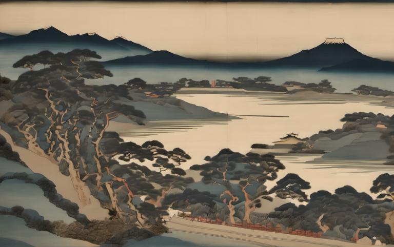 Ukiyo-E,Ukiyo-E, Natur, Landschaft, Baum, Landschaft, keine Menschen, draußen, Berg, Fluss, Himmel, Grenze