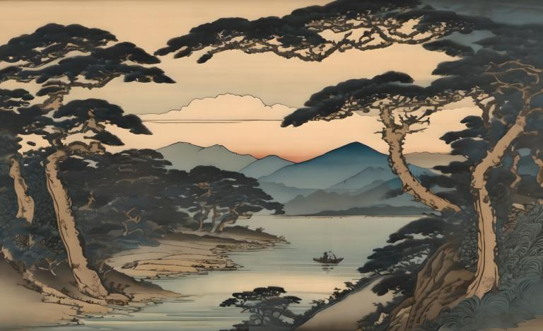 Ukiyo-E,Ukiyo-E, Nature, landscape, tree, scenery, no humans, outdoors, mountain, lake, water, landscape, sky