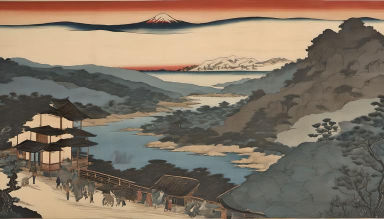 Ukiyo-E,Ukiyo-E, Natur, landskab, bjerg, landskab, træ, ingen mennesker, udendørs, østasiatisk arkitektur