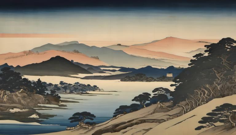 Ukiyo-E,Ukiyo-E, Nature, landscape, no humans, scenery, outdoors, tree, mountain, sky, lake, landscape