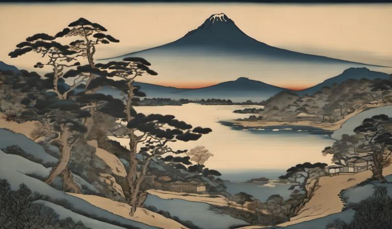 Ukiyo-E,Ukiyo-E, Nature, landscape, no humans, scenery, tree, mountain, outdoors, landscape, bare tree, sky