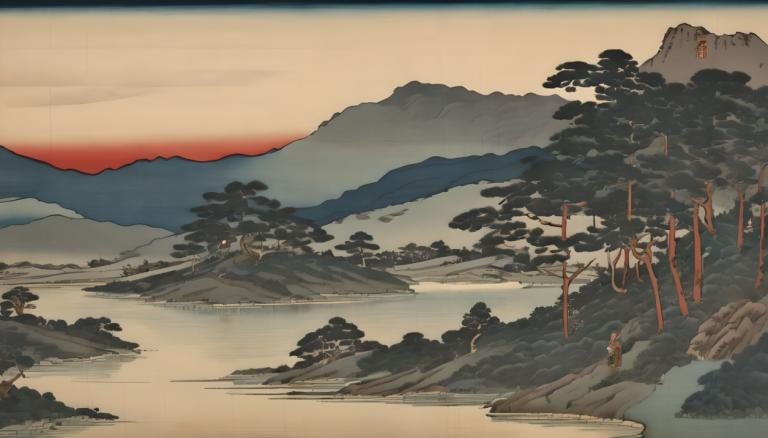 Ukiyo-E,Ukiyo-E, Nature, landscape, mountain, scenery, outdoors, tree, no humans, sky, landscape