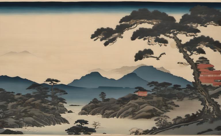 Ukiyo-E,Ukiyo-E, Nature, landscape, no humans, scenery, tree, outdoors, mountain, sky, border, cloud