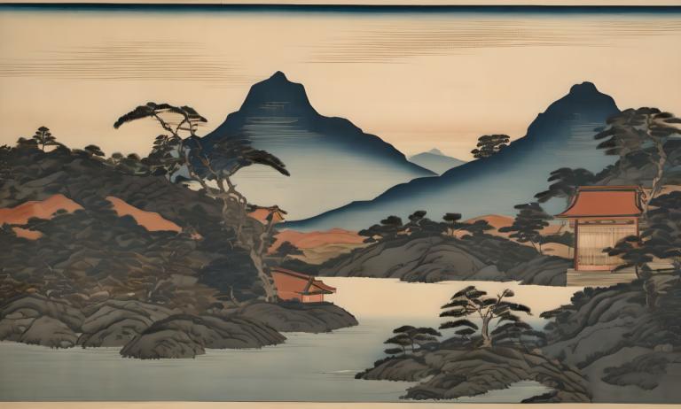 Ukiyo-E,Ukiyo-E, Nature, landscape, tree, scenery, no humans, outdoors, mountain, border