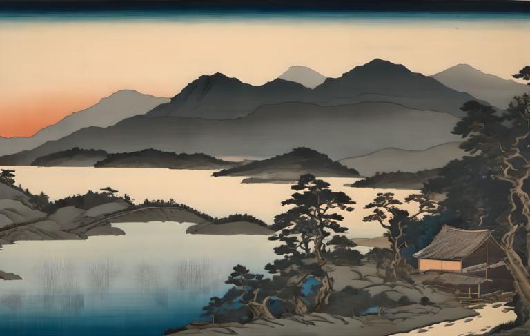 Ukiyo-E,Ukiyo-E, Nature, landscape, no humans, scenery, tree, outdoors, mountain, water, sky, lake, sunset