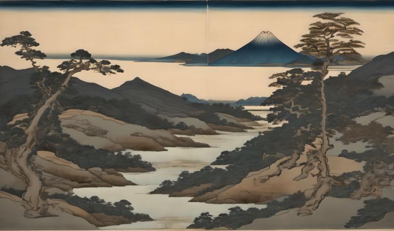 Ukiyo-E,Ukiyo-E, Nature, landscape, no humans, tree, scenery, mountain, outdoors, lake, sky, landscape, water