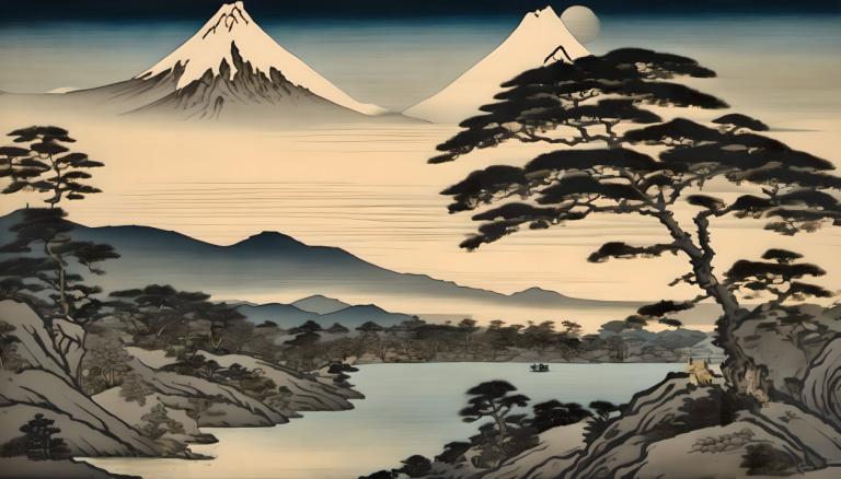 Ukiyo-E,Ukiyo-E, Natur, Landschaft, Berg, Landschaft, Baum, keine Menschen, draußen, Landschaft, See, Himmel