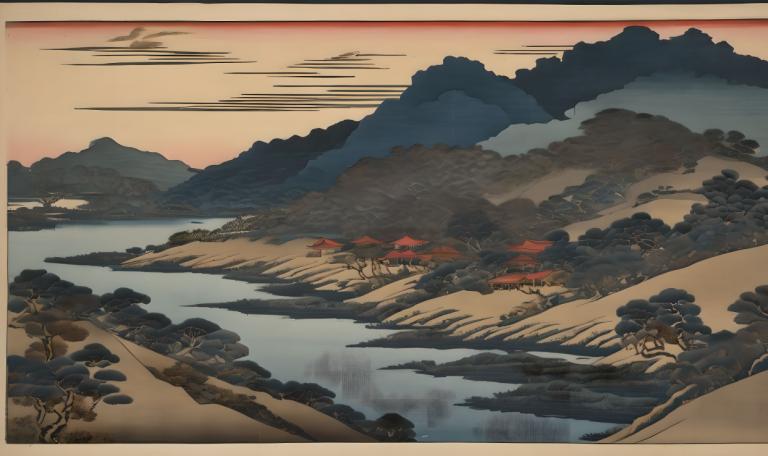 Ukiyo-E,Ukiyo-E, Nature, landscape, no humans, scenery, mountain, tree, outdoors, sky, border, lake, cloud