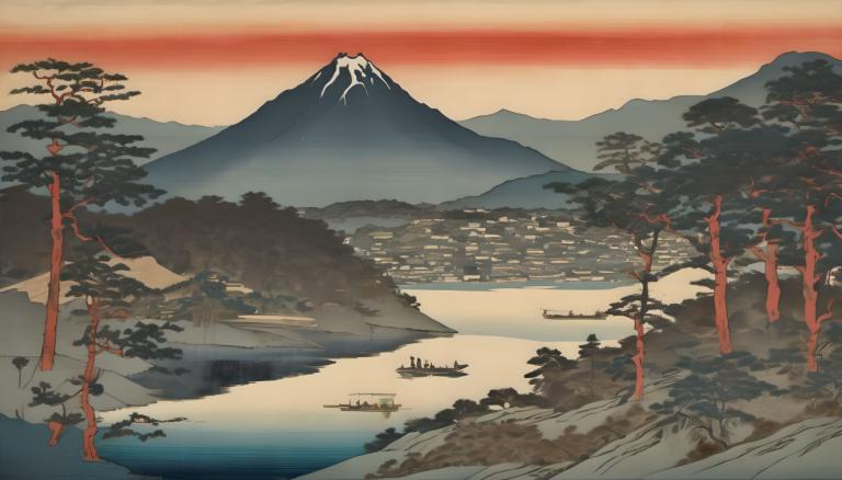 Ukiyo-E,Ukiyo-E, Nature, landscape, mountain, scenery, no humans, tree, outdoors, landscape, sky, lake