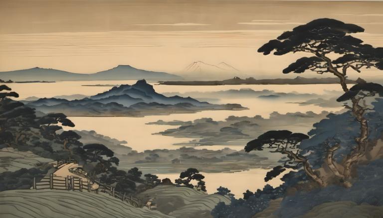 Ukiyo-E,Ukiyo-E, Nature, landscape, no humans, scenery, tree, mountain, outdoors, sky, landscape, cloud