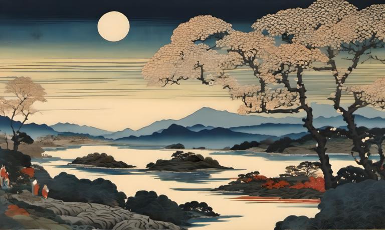 Ukiyo-E,Ukiyo-E, Nature, landscape, tree, scenery, no humans, moon, outdoors, sky, full moon, mountain, lake