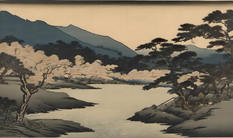 Ukiyo-E,Ukiyo-E, Nature, landscape, no humans, tree, scenery, outdoors, mountain, river, water, sky, lake