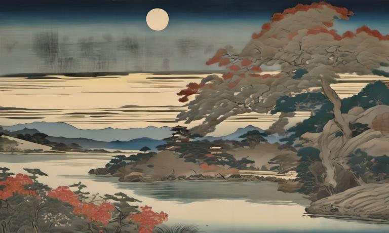 Ukiyo-E,Ukiyo-E, Nature, landscape, no humans, tree, scenery, moon, outdoors, sky, mountain, full moon, night