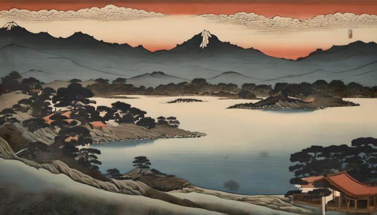 Ukiyo-E,Ukiyo-E, Natur, landskab, landskab, ingen mennesker, bjerg, træ, udendørs, himmel, vand, Sky