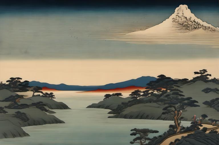 Ukiyo-E,Ukiyo-E, Natur, landskap, fjell, tre, natur, utendørs, innsjø, himmel, landskap, flere jenter, elv