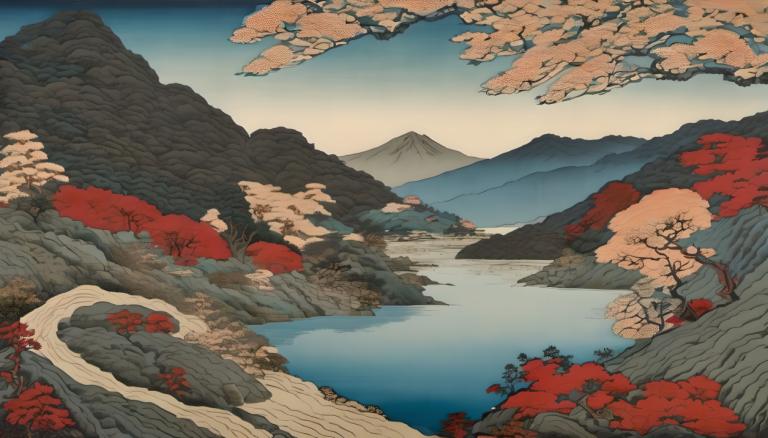 Ukiyo-E,Ukiyo-E, Nature, landscape, no humans, scenery, tree, mountain, outdoors, water, landscape, lake, sky