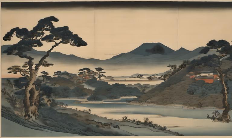 Ukiyo-E,Ukiyo-E, Nature, landscape, tree, no humans, scenery, mountain, outdoors, border, lake, river, water