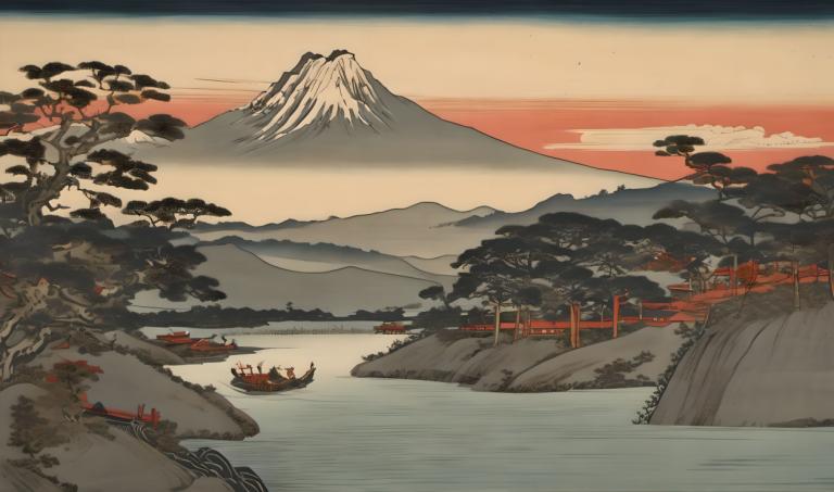 Ukiyo-E,Ukiyo-E, Natur, landskap, fjäll, inga människor, landskap, träd, utomhus, landskap, flod, torii, bro