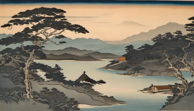 Ukiyo-E,Ukiyo-E, Natuur, landschap, geen mensen, landschap, boom, buitenshuis, berg, meer, lucht, rivier