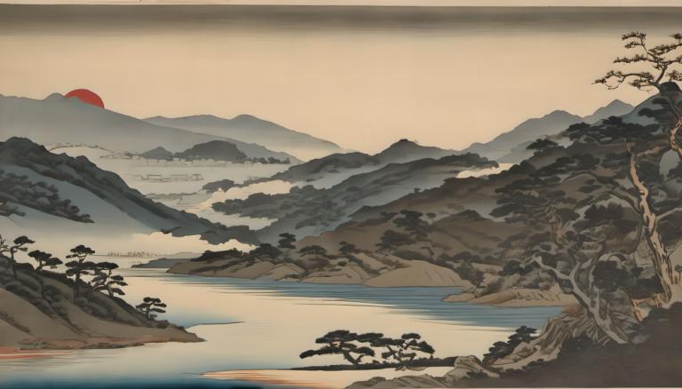 Ukiyo-E,Ukiyo-E, Nature, landscape, no humans, scenery, mountain, tree, outdoors, sky, landscape, water, lake