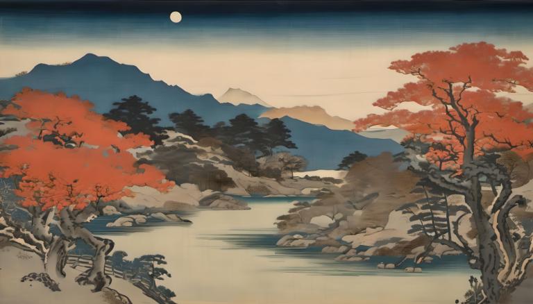 Ukiyo-E,Ukiyo-E, Nature, landscape, no humans, tree, scenery, outdoors, mountain, sky, moon, nature, autumn